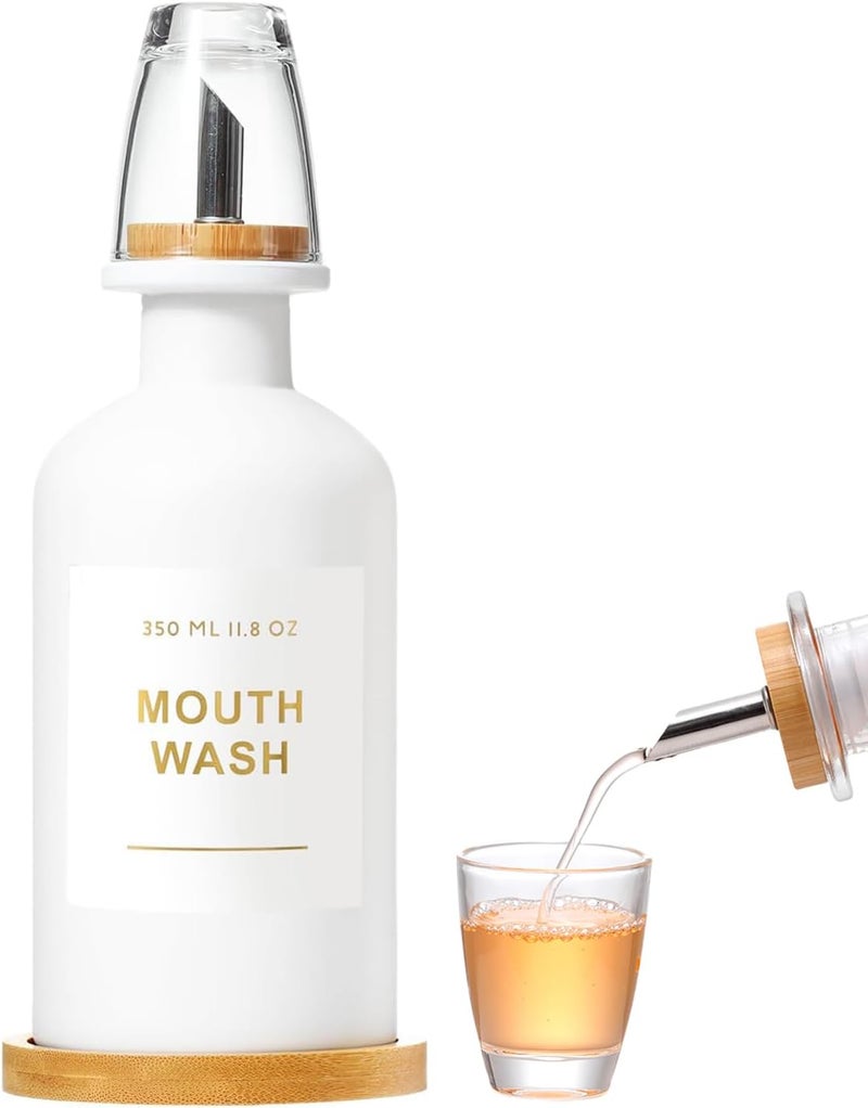 BONLONG 11.8OZ Mouthwash Dispenser for Bathroom with Bamboo & Stainless Steel Pour Spout, Mouthwash Cup Reusable, Bamboo Tray, and Elegant Gold Label. （White - Image 1